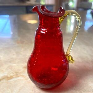 Vintage Red Glass Pitcher with Gold Handle